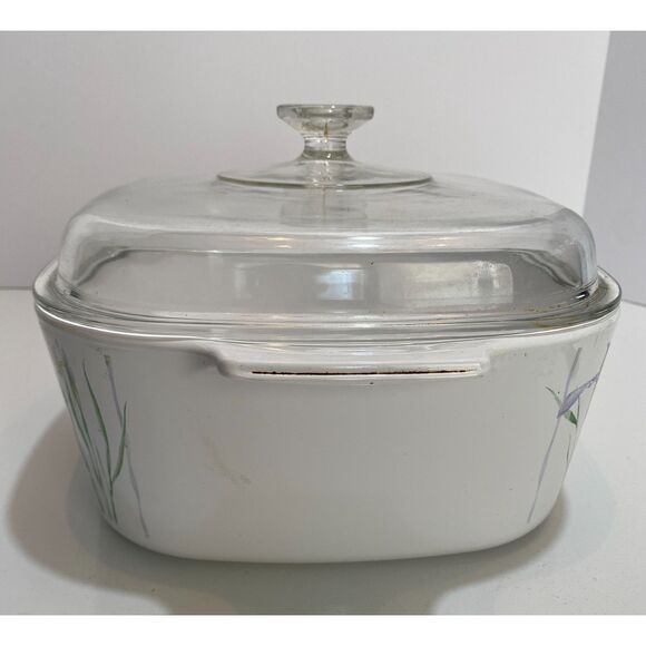 CorningWare 5 Qt Cassarole Dish w/lid A-5-B Iris Blue Purple Flowers USA Made - Picture 4 of 6